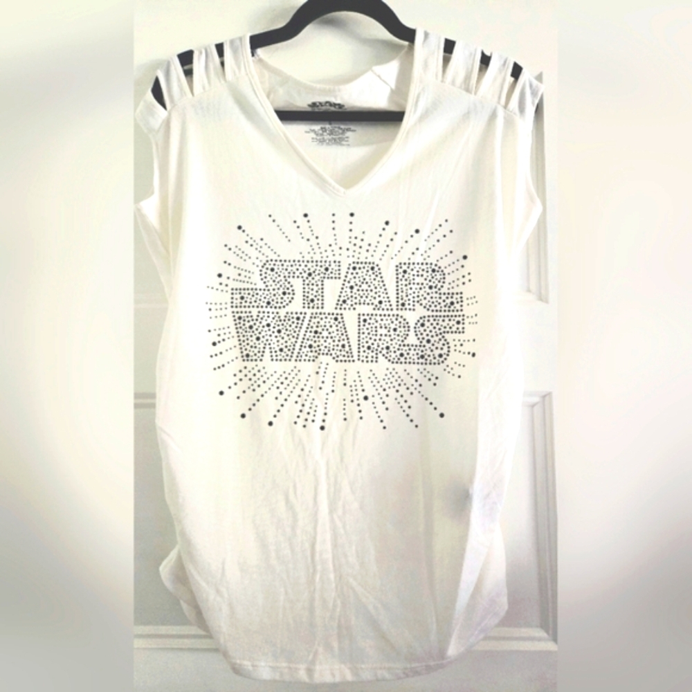 May The 4th Star Wars White Womens White Sparkle Graphic Tee Shirt Size Small